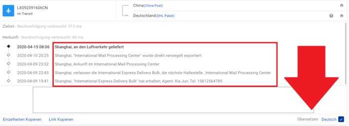 Übersetzung Tracking China Shops